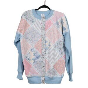 Patchwork Cardigan Sweatshirt M Blue Pink Lace Floral 90s Mom Grammacore Stripes